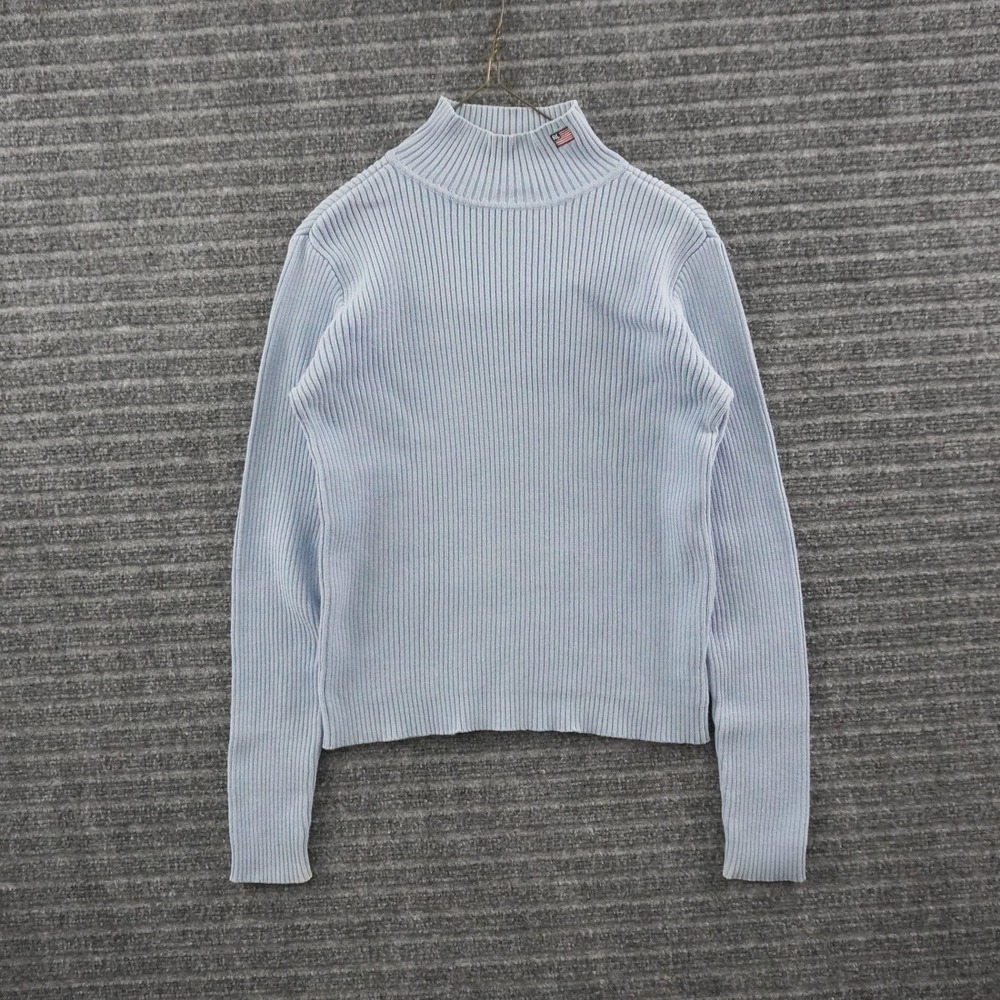 Vintage Polo Jeans Co Ralph Lauren Sweater Womens M Blue Ribbed Mock Neck Flag